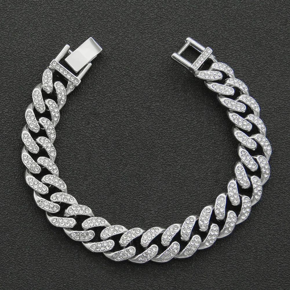 Hip Hop 13MM Rhinestone Prong Iced Out Cuban Link Chain Bracelet - Afrilinker