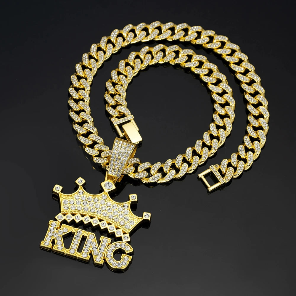 Hip Hop Crown with King Pendant Necklace - 13mm Crystal Cuban Chain - Afrilinker