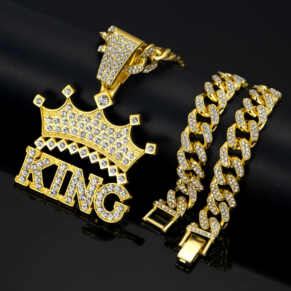 Hip Hop Crown with King Pendant Necklace - 13mm Crystal Cuban Chain - Afrilinker