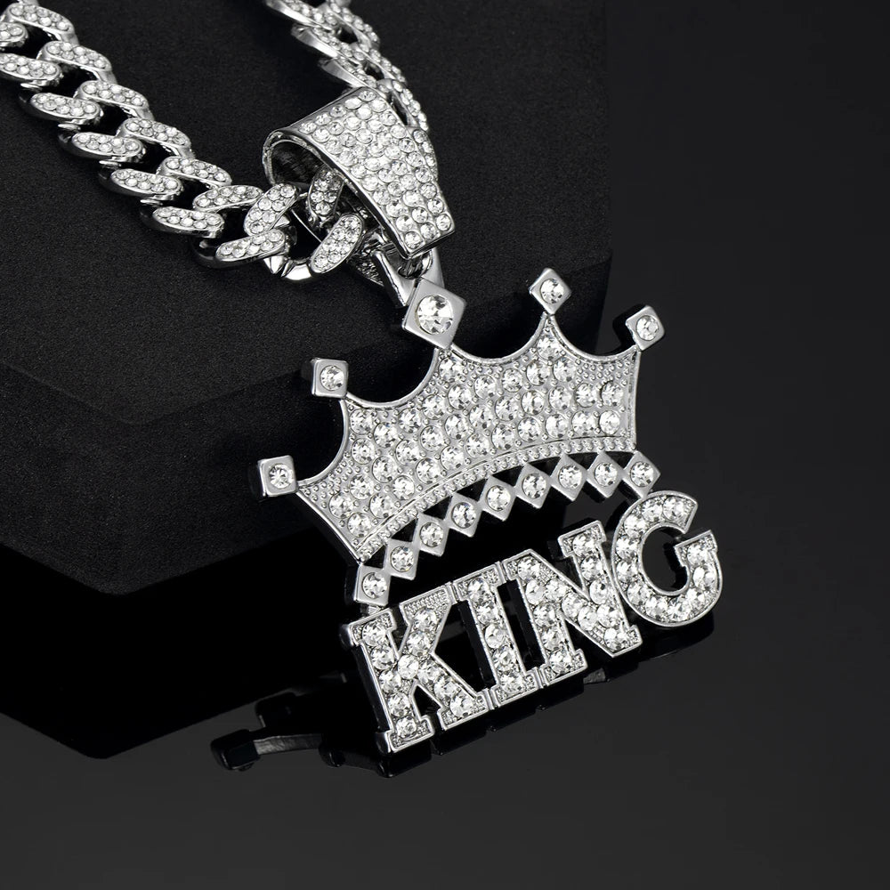 Hip Hop Crown with King Pendant Necklace - 13mm Crystal Cuban Chain - Afrilinker