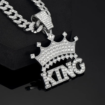 Hip Hop Crown with King Pendant Necklace - 13mm Crystal Cuban Chain - Afrilinker