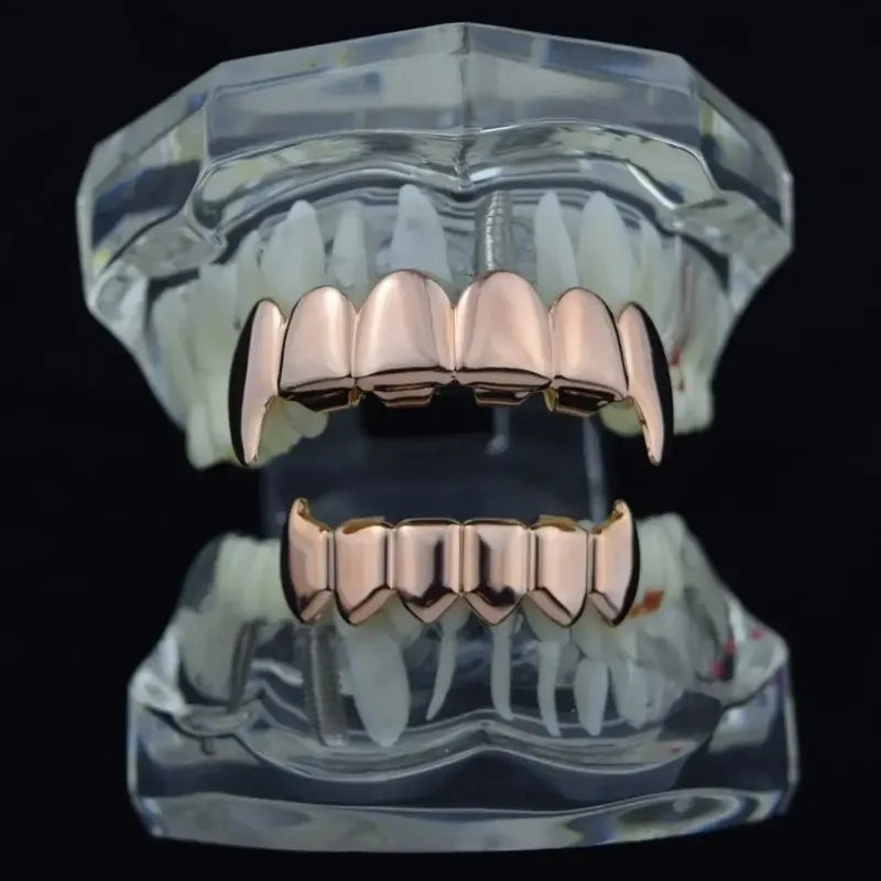 Gold Silver Plated HIP HOP Teeth Grillz Top & Bottom Grills Set With silicone Real Shiny Vampire Tooth Sets - Afrilinker