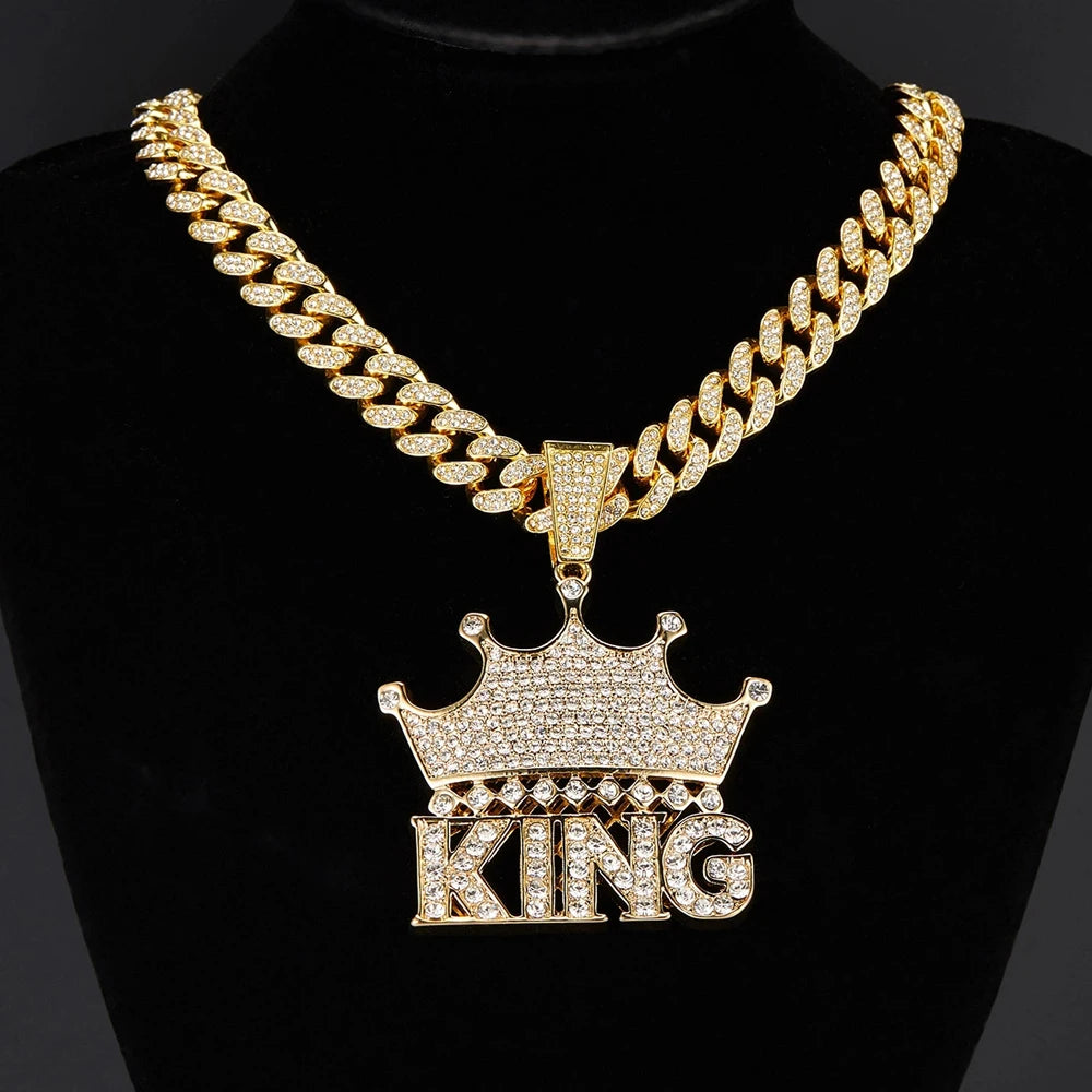Hip Hop Crown with King Pendant Necklace - 13mm Crystal Cuban Chain - Afrilinker