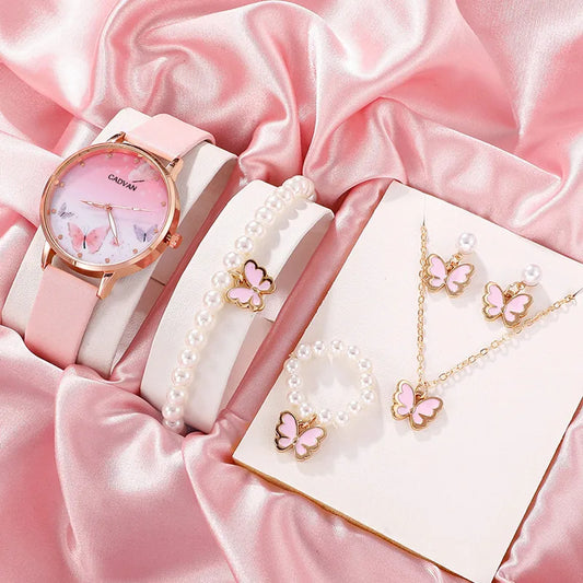 Women's Pink Butterfly Watch & Jewelry Set - Afrilinker