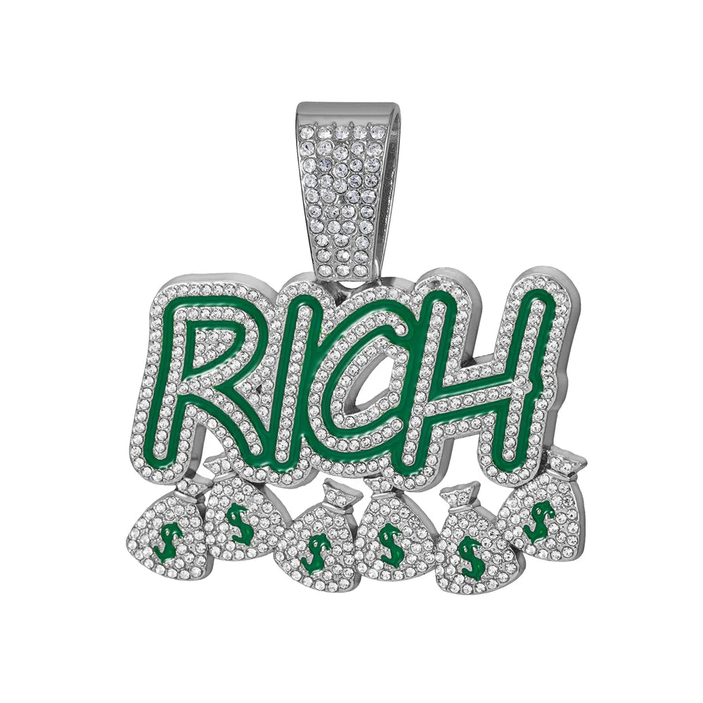 Hip Hop "RICH" Money Bag Pendant Necklace with 13mm Miami Cuban Chain - Afrilinker