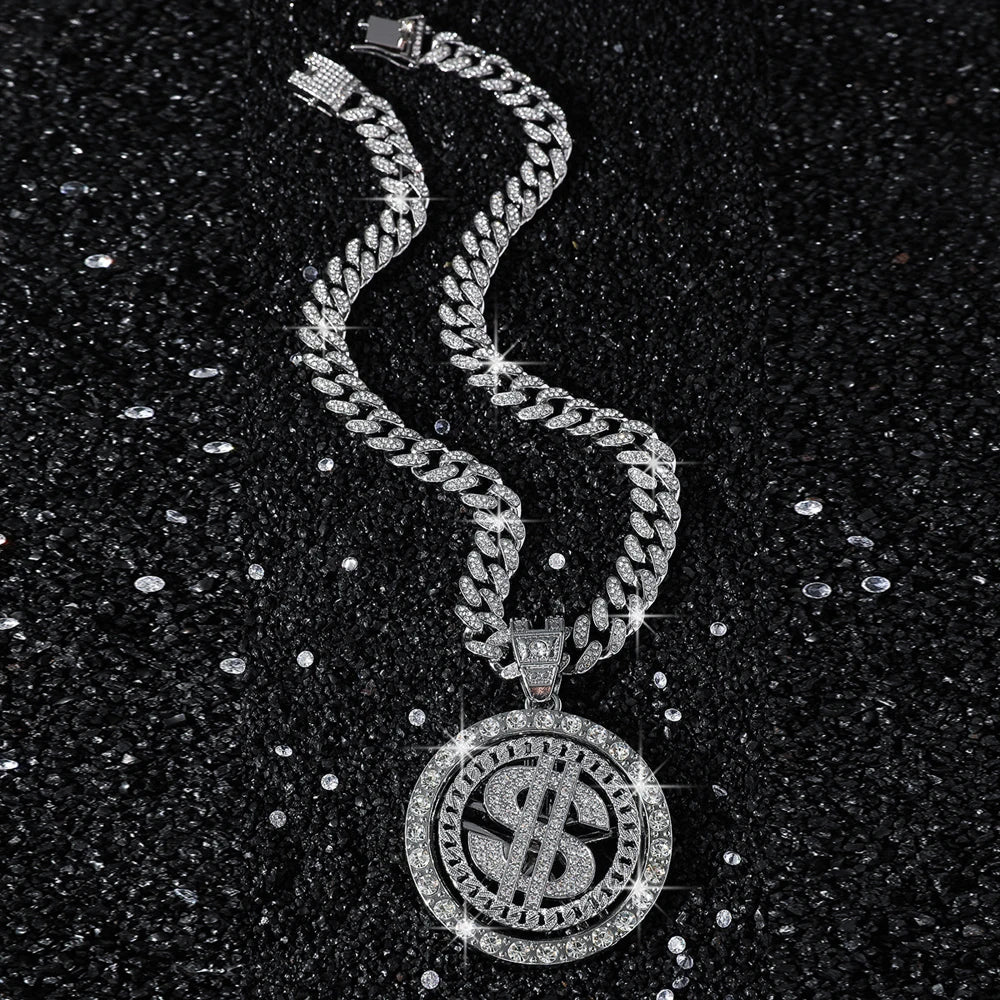 Hip Hop Iced Out Rotatable Dollar Sign Pendant Cuban Chain Necklace - Afrilinker
