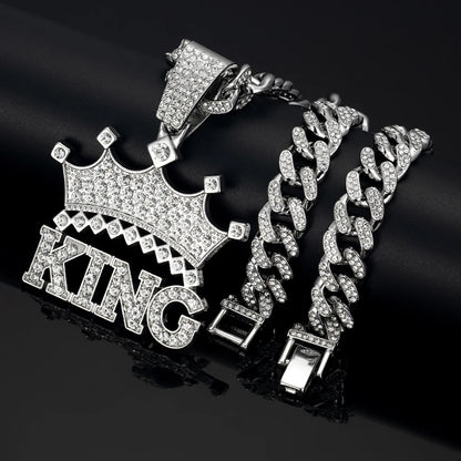 Hip Hop Crown with King Pendant Necklace - 13mm Crystal Cuban Chain - Afrilinker