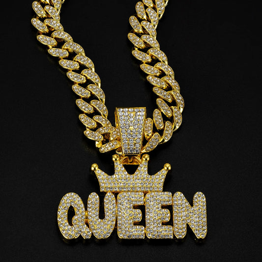 Hip Hop Crown & QUEEN Letter Pendant Cuban Chain Necklace - Afrilinker