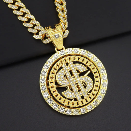 Hip Hop Iced Out Rotatable Dollar Sign Pendant Cuban Chain Necklace - Afrilinker