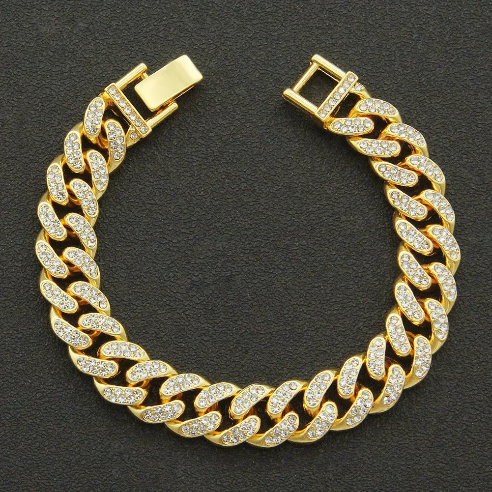 Hip Hop 13MM Rhinestone Prong Iced Out Cuban Link Chain Bracelet - Afrilinker