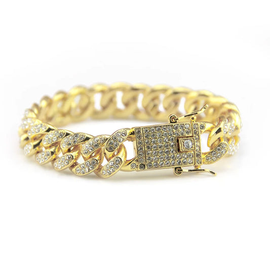 Hip Hop Shiny Cuban Link Chain Bracelet with Rhinestones - Afrilinker