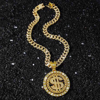 Hip Hop Iced Out Rotatable Dollar Sign Pendant Cuban Chain Necklace - Afrilinker