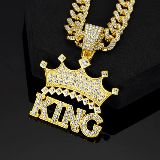 Hip Hop Crown with King Pendant Necklace - 13mm Crystal Cuban Chain - Afrilinker