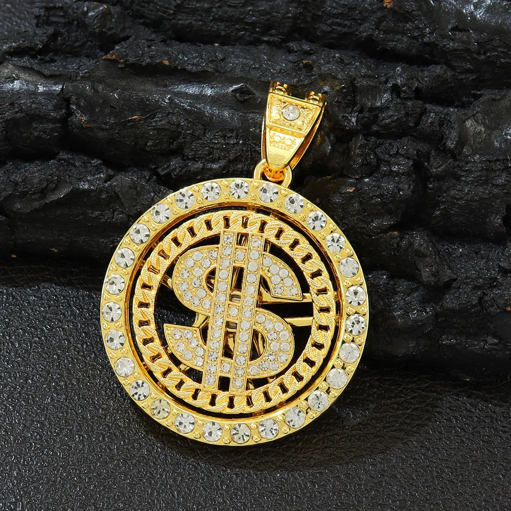 Hip Hop Iced Out Rotatable Dollar Sign Pendant Cuban Chain Necklace - Afrilinker