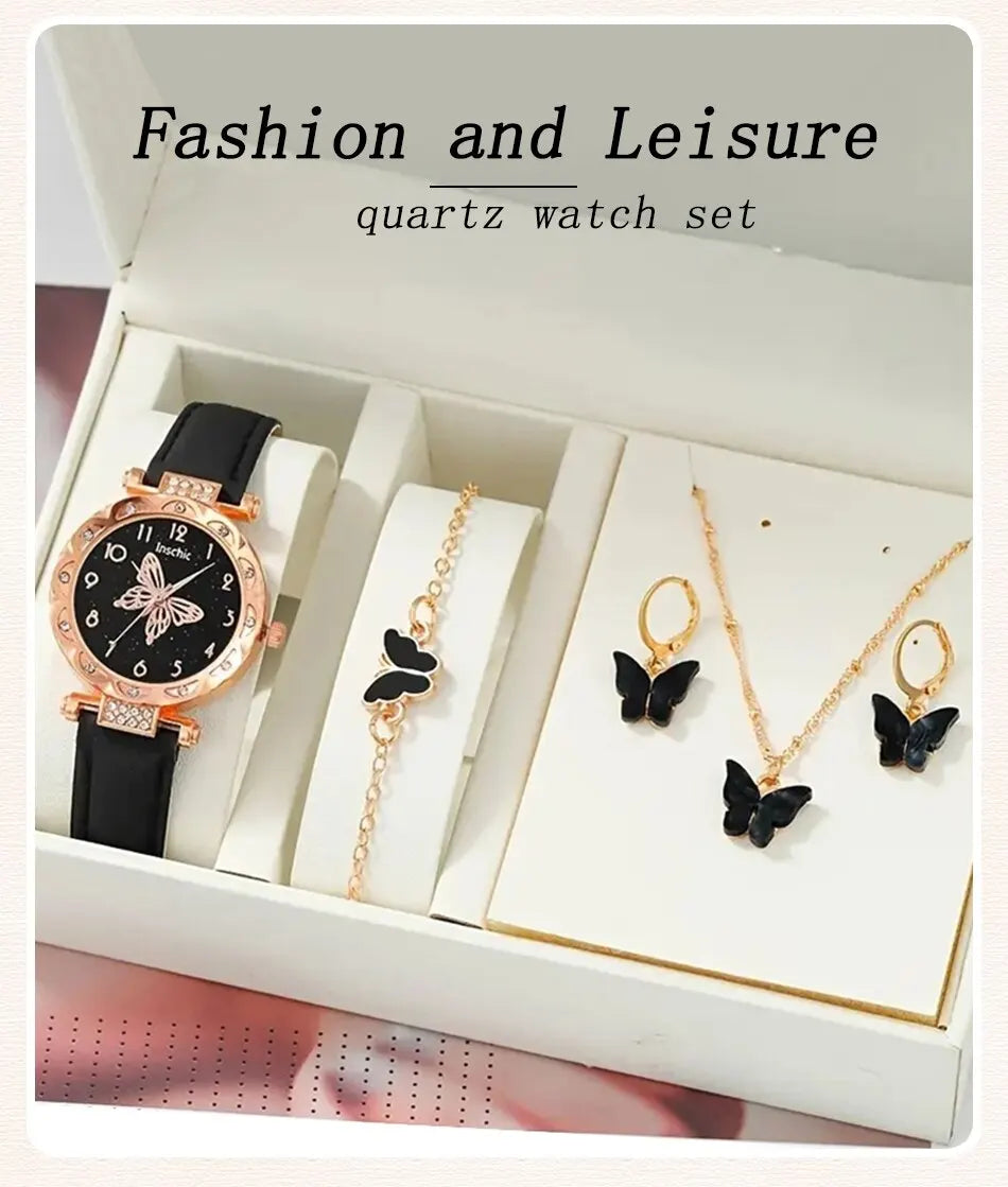 Fashion Casual Butterfly Watch & Jewelry Set - Leather Band - Afrilinker