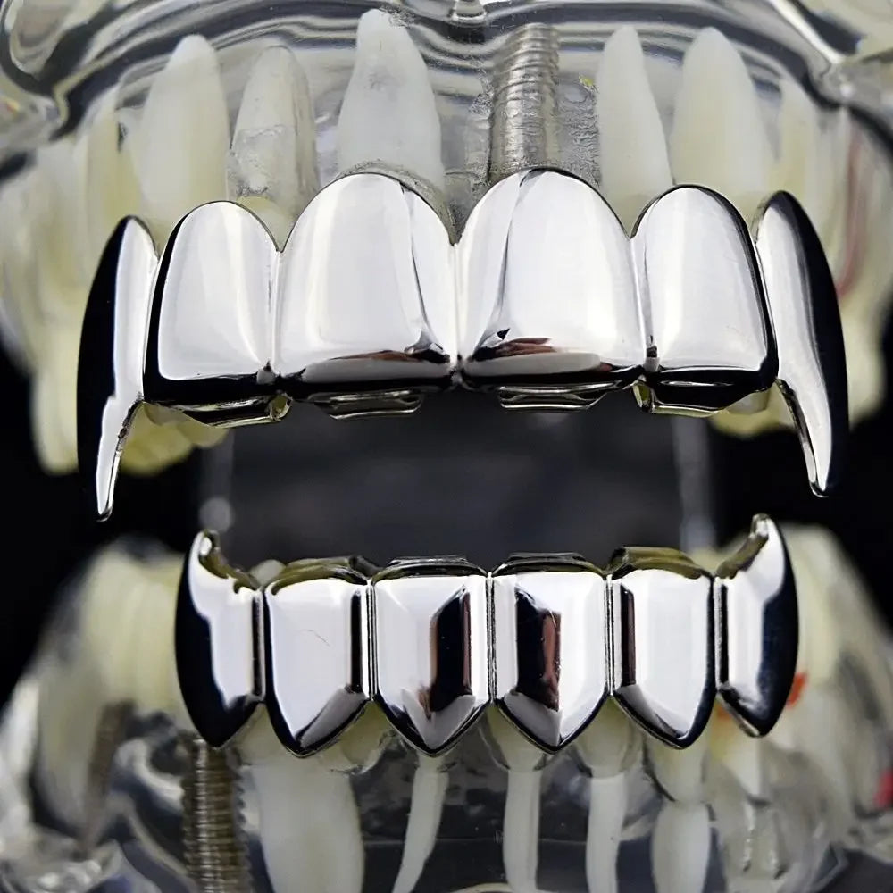 Gold Silver Plated HIP HOP Teeth Grillz Top & Bottom Grills Set With silicone Real Shiny Vampire Tooth Sets - Afrilinker