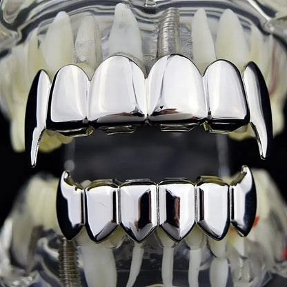 Gold Silver Plated HIP HOP Teeth Grillz Top & Bottom Grills Set With silicone Real Shiny Vampire Tooth Sets - Afrilinker
