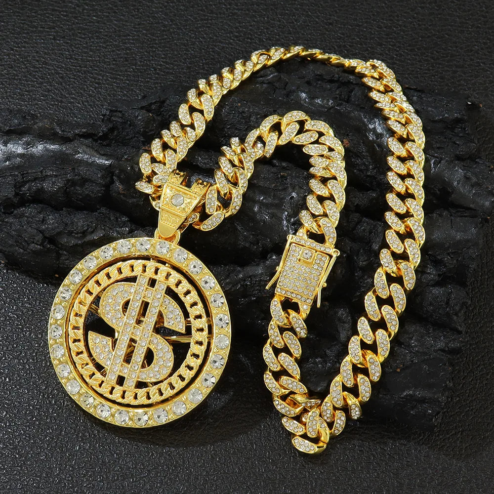 Hip Hop Iced Out Rotatable Dollar Sign Pendant Cuban Chain Necklace - Afrilinker