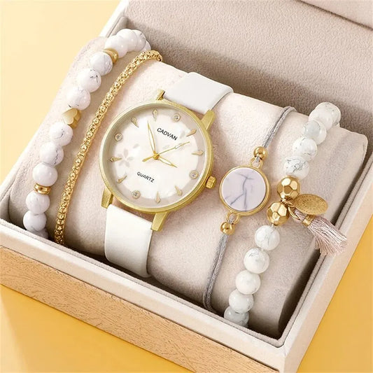 Women's Leather Band Quartz Watch Set - 5 - Piece Fashion Casual - Afrilinker