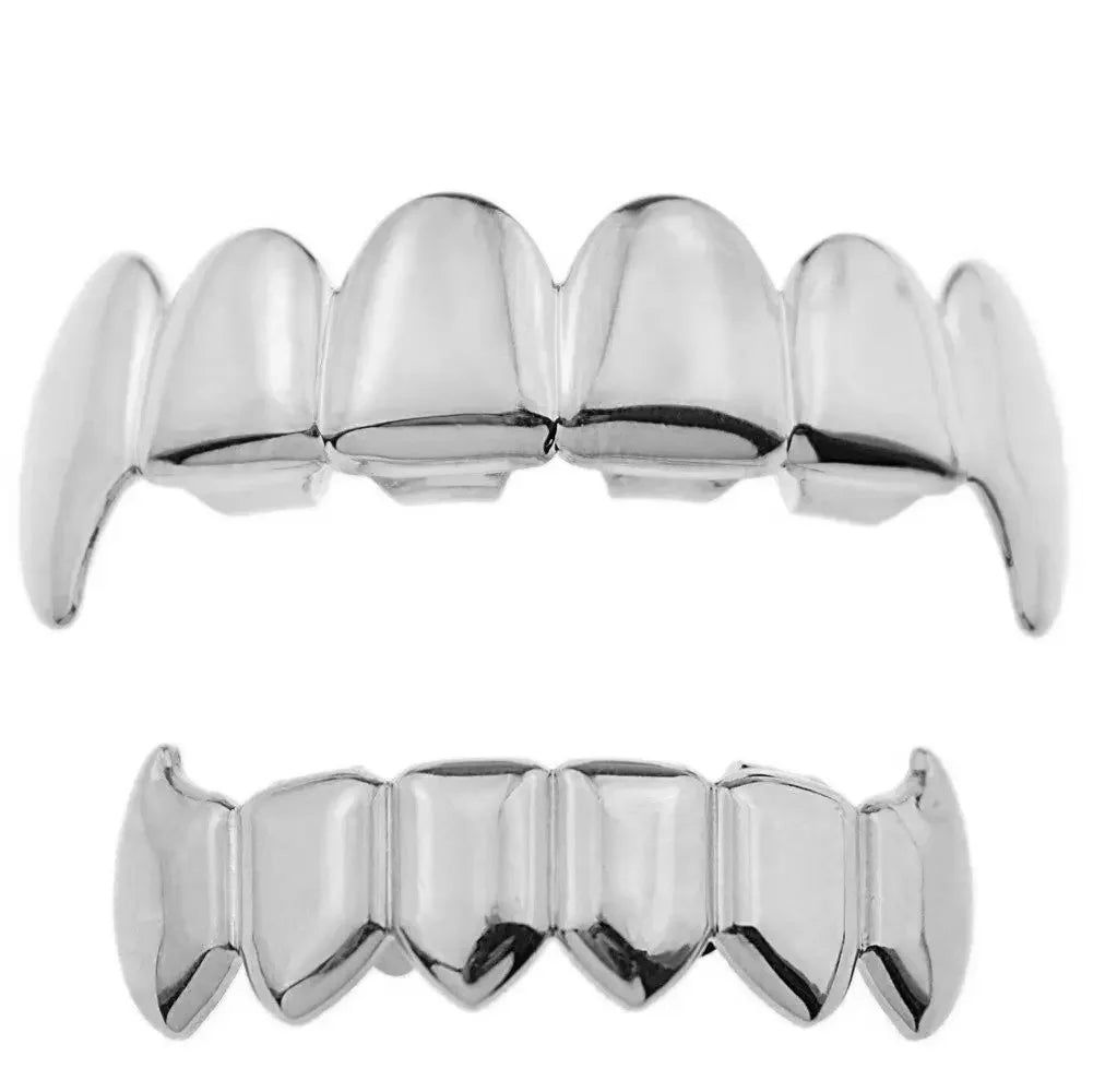 Gold Silver Plated HIP HOP Teeth Grillz Top & Bottom Grills Set With silicone Real Shiny Vampire Tooth Sets - Afrilinker