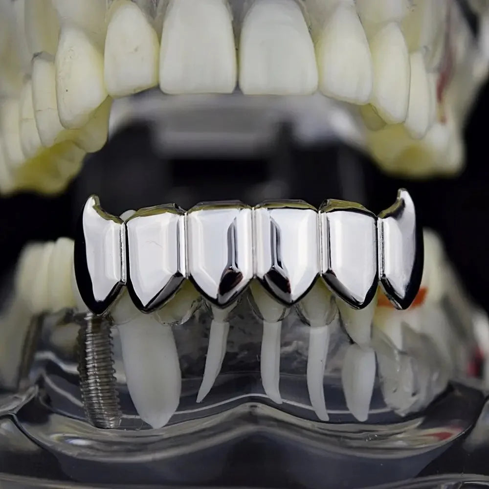 Gold Silver Plated HIP HOP Teeth Grillz Top & Bottom Grills Set With silicone Real Shiny Vampire Tooth Sets - Afrilinker