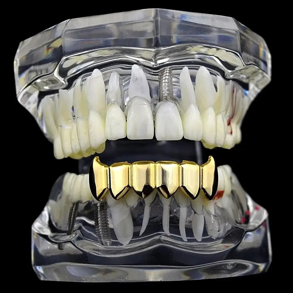 Gold Silver Plated HIP HOP Teeth Grillz Top & Bottom Grills Set With silicone Real Shiny Vampire Tooth Sets - Afrilinker