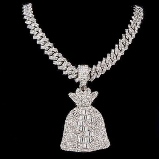 Hip Hop Iced Out Money Bag Pendant Cuban Chain Necklace - Afrilinker