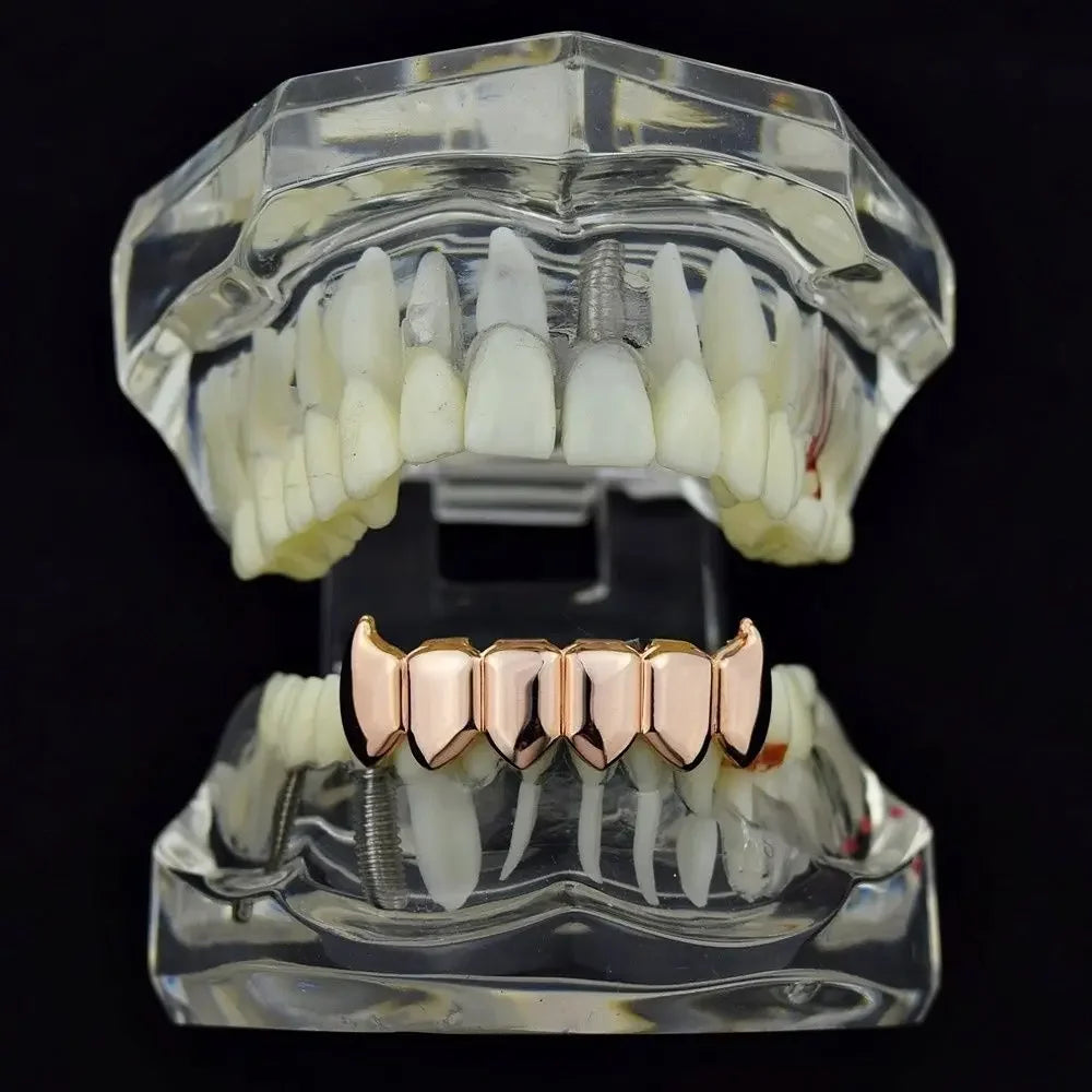 Gold Silver Plated HIP HOP Teeth Grillz Top & Bottom Grills Set With silicone Real Shiny Vampire Tooth Sets - Afrilinker