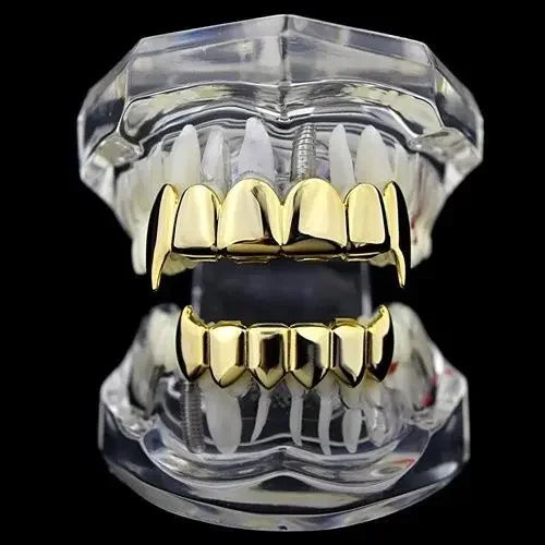Gold Silver Plated HIP HOP Teeth Grillz Top & Bottom Grills Set With silicone Real Shiny Vampire Tooth Sets - Afrilinker