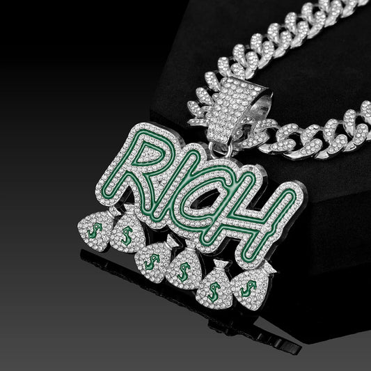 Hip Hop "RICH" Money Bag Pendant Necklace with 13mm Miami Cuban Chain - Afrilinker