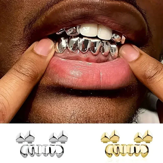 3CPS/Set Gold Silver-Plated Hip Hop Teeth for Mouth Grillz Caps Top&Bottom Grill Set Vampire Teeth for Halloween Party Sets - Afrilinker