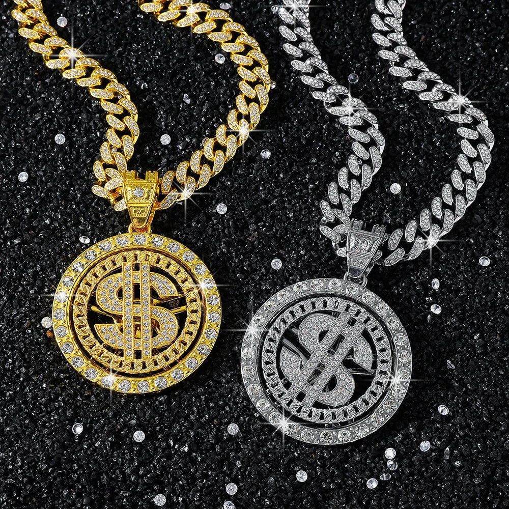 Hip Hop Iced Out Rotatable Dollar Sign Pendant Cuban Chain Necklace - Afrilinker