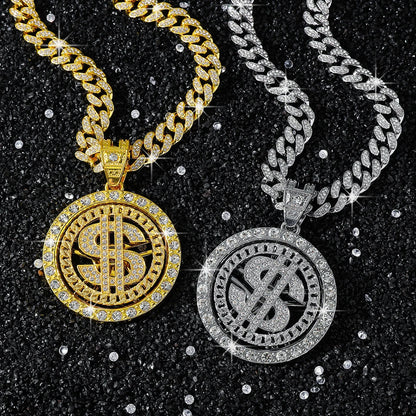 Hip Hop Iced Out Rotatable Dollar Sign Pendant Cuban Chain Necklace - Afrilinker