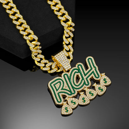 Hip Hop "RICH" Money Bag Pendant Necklace with 13mm Miami Cuban Chain - Afrilinker