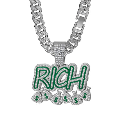 Hip Hop "RICH" Money Bag Pendant Necklace with 13mm Miami Cuban Chain - Afrilinker