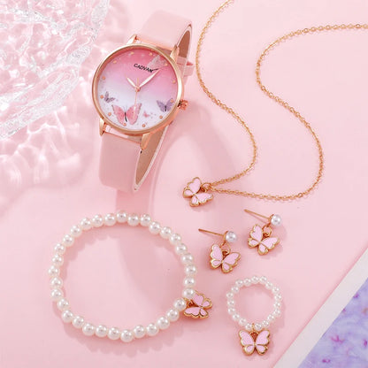 Women's Pink Butterfly Watch & Jewelry Set - Afrilinker