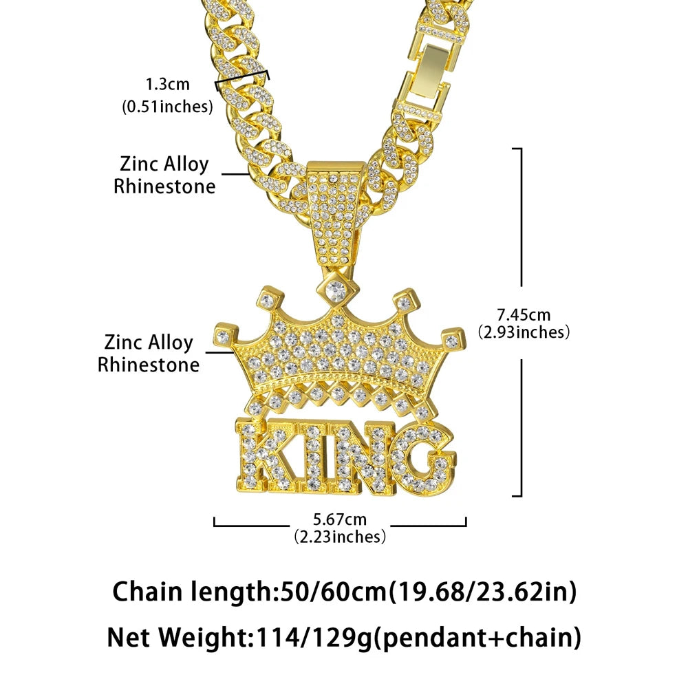 Hip Hop Crown with King Pendant Necklace - 13mm Crystal Cuban Chain - Afrilinker