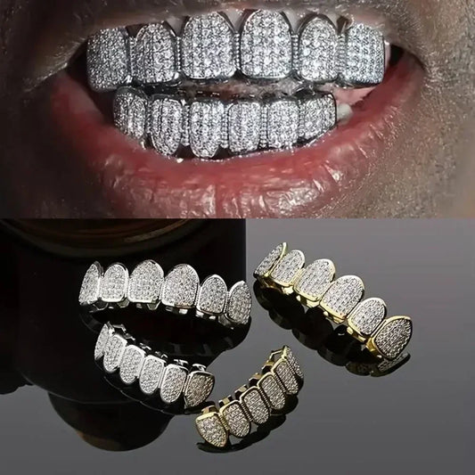 Teeth Grillz Set for Unisex Top Bottom Mouth Silver Color Teeth Grills Tooth Cap Removable Dental Fashion Body Jewelry - Afrilinker