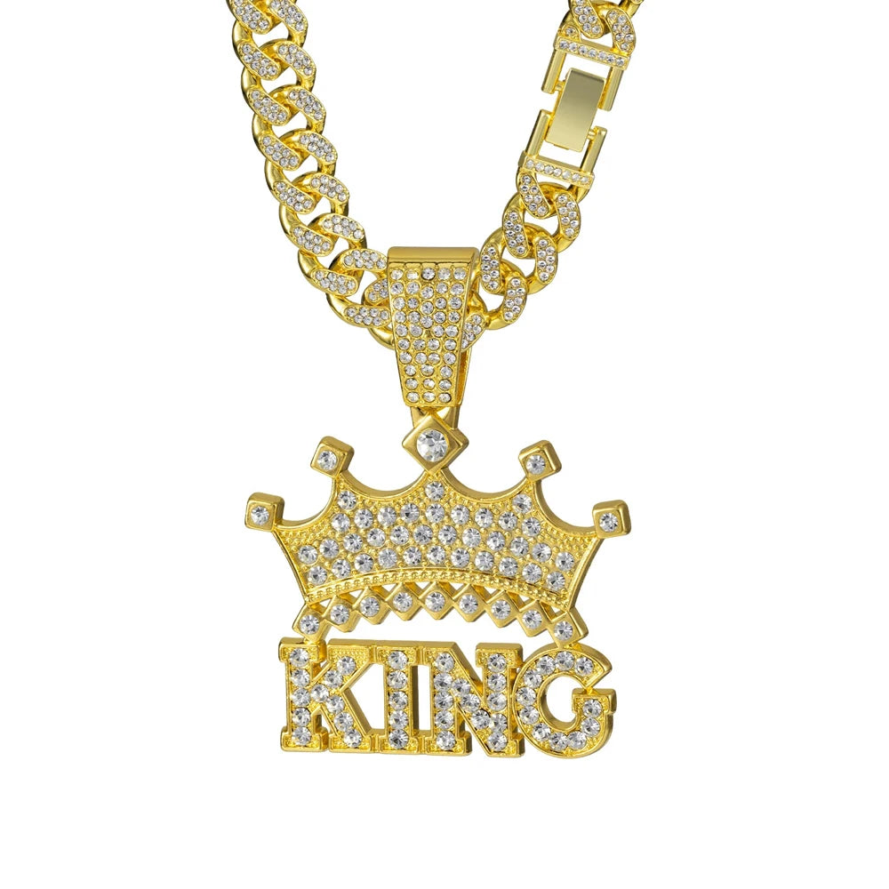 Hip Hop Crown with King Pendant Necklace - 13mm Crystal Cuban Chain - Afrilinker